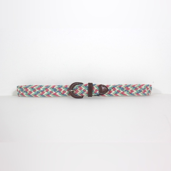 woven cord Belt with Warm Brown Leather Buckle and Tip Pink Green Blue Aqua - Picture 5 of 8